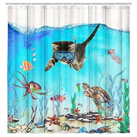 bzwcbei Funny Cat Shower Curtain, Cat Swimming in Sea Ocean with Turtle Octopus Bathroom Shower Curtain Set, Shower Curtains Liner with Hooks, 36x70inches