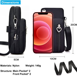 Bolsillo para Celular, MCSWSEE Bolso Cartera de Hombro Cruzado Negro con Entrada para Auriculares, Ajustable Bolso Bandolera de 3 Capas para Teléfonos Móviles 7 Pulgadas Menos, Tarjetas de Crédito