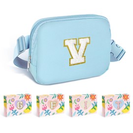 COSHAYSOO Blue Initial Belt Bag Waist Fanny Pack Small Crossbody Bum Hip Pouch Cross Body Chest Purse with Monogram Letter Patch for Women Teen Girl Running Going Out Hands Free Travel (V)