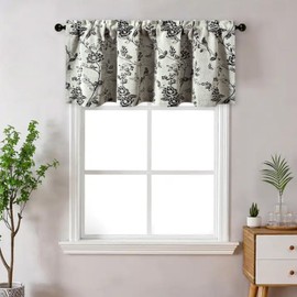 VOGOL Black Birds Flower Jacquard Kitchen Valances, Short Linen Textured Rod Pocket Curtain for Living Room, Country Style Window Treatments for Farmhouse, 52 x 18, 1 Panel