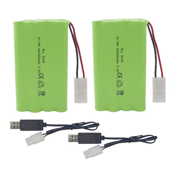 Fytoo - 2 baterías recargables AA de 9.6 V 2800 mAh con enchufe Tamiya con cable de carga USB para RC de juguete, coches, camiones, tanques, vehículos de ingeniería, control remoto, barcos, baterías recargables