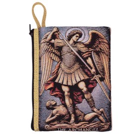 Religious Rosary Pouch with Tapestry Style Woven Art | St. Michael, Holy Family, or St. Therese | Zipper Enclosure | Catholic Gift for First Holy Communion or Confirmation (St. Michael)