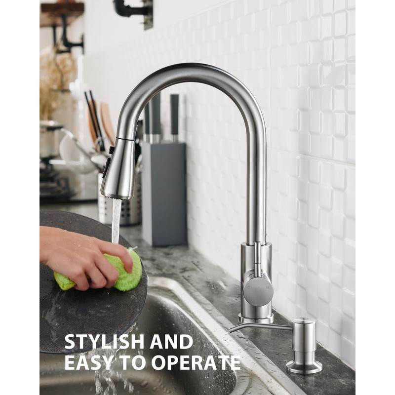 Kitchen Faucet with Soap Dispenser, Hiqufet Brushed Nickel Kitchen Faucet
