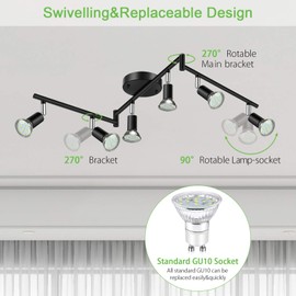 Unicozin LED 6 Light Track Lighting Kit, Black 6 Way Ceiling Spot Lighting, Flexibly Rotatable Head, Track Light Included 6 x LED GU10 Bulb (4W, Daylight White 5000K, 400LM)