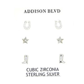 ADDISON BLVD Sterling Silver Earring Set, 3 Pairs: Horseshoe, Boot Design with Cubic Zirconia, and Star