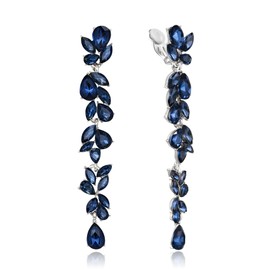EVER FAITH Rhinestone Crystal Chandelier Clip-on Earrings for Women, Art Deco Marquise Teardrop Bridal Long Dangle Drop Earrings for Prom Sapphire Blue Silver-Tone