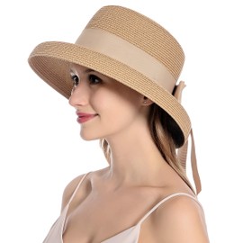 Muryobao Womens Sun Straw Hat Summer UV Protection Travel Foldable Brim Bucket Hat Vintage Cloche Beach Fishing Cap, Khaki, One Size