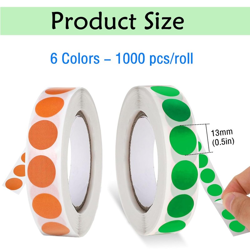 SamHeng 6000 Pcs Coloured Dot Stickers, 13mm Waterproof Circle Labels