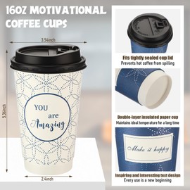 Honeydak 80 Pack Motivational Coffee Cups with Lids Disposable 16 oz Double Wall Paper Cup with Inspirational Words Insulated Takeaway for Hot Drink Employee Birthday Party Home Office Shop