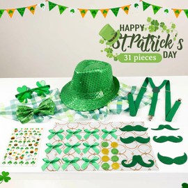 31Pcs St. Patricks Day Accessories Party Favors Set with Hat, Bow,Shamrock Glasses, Suspenders, Bow Tie, Mustaches, Nail Stickers, Coins, Decorations Party Favor Packs for Irish Party Supplies