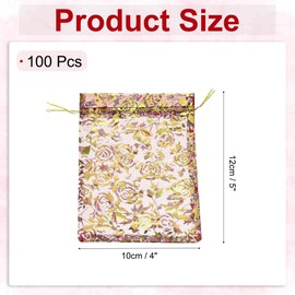 MECCANIXITY Organza Bag 4" x 5", Sheer Flower Heart Mesh Bags Drawstring Gift Bags Bulk Party Favor Bag Jewelry Pouches for Wedding Candy Valentines (Red-Gold, Pack of 100)