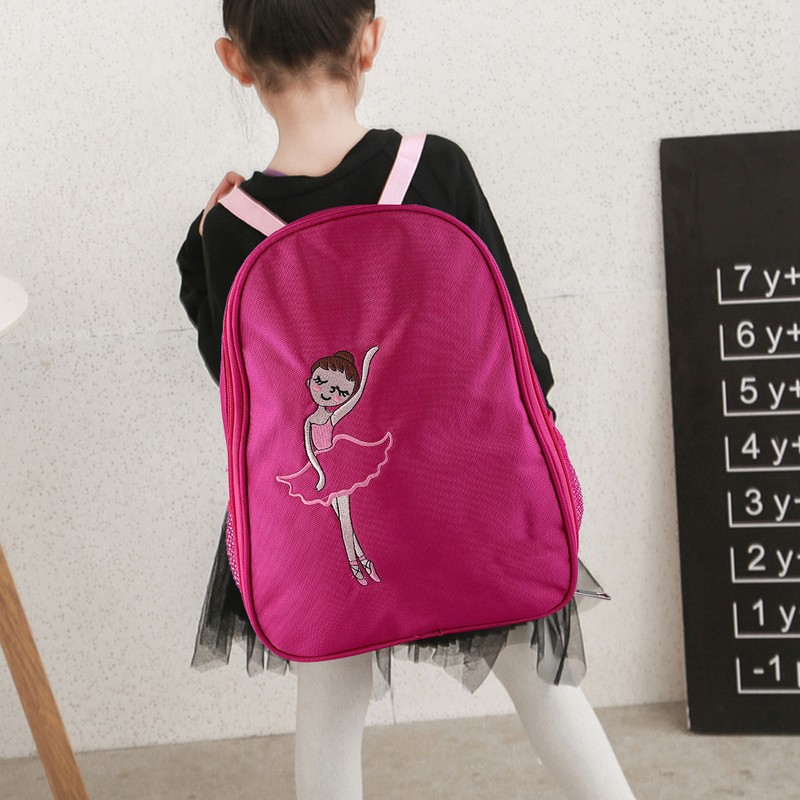 Girls Ballet Dance Embroidered Backpack Kids Shoulder Sports Bag(Rose Red)