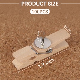 Pack of 100 Wooden Pegs with Pins, Natural Wooden Push Pins Clips, Drawing Pins with Wooden Clips, Push Pins Wooden Thumbtacks Set for Notice Board, Cork Boards, Crafts, Art Projects, Photo Supplies