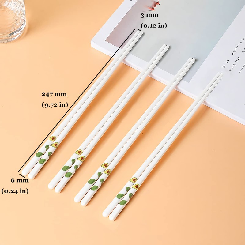 10 Pairs Ceramic Chopsticks With Avocado Pattern, 9.72 inch High-grade