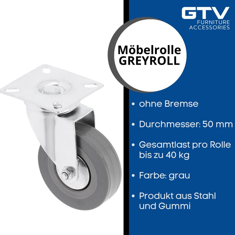 GTV Furniture castor GREYROLL 50 mm, grey, without lock, KM-GREYROLL-50