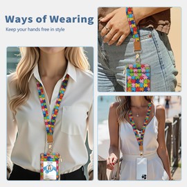 Mavellin Lanyard Wallet with Id Badge Holder, Autism Awareness RFID Small Keychain Wallet Women Wristlet, Cute Zipper Credit Card Holder Phone Wrist Neck Strap for Key Name Tag, Student Office Gifts