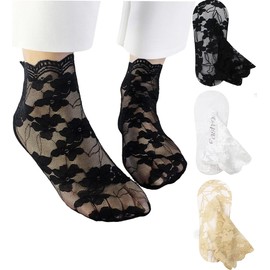 Ekieta Women's Socks, Summer, 3-Pair Set, Footcover, Pumps, No Slip Off, Lace, Cute, Thin, Anti-slip Heel Back, Tabi Type, Cool, Breathable, Sweat Absorbent, Antibacterial, Odor Resistant, O-Type