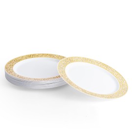 MATANA 20 Premium White Plastic Dinner Plates with Gold Lace Rim, 26cm / 10 Inch - Elegant & Reusable Party Plates for Weddings, Birthdays, Picnic, BBQ, Parties