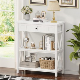 FATORRI Small Bookcase with Drawer, Wood and Metal Bookshelf for Small Space, Short Book Shelf and Low Book Case for Living Room (White Oak)