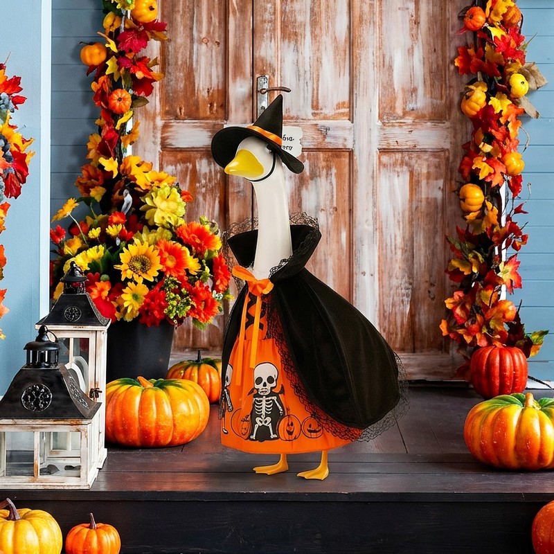 3Pcs Halloween Porch Goose Outfit Pumpkin Dress Witch Cape Hat