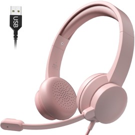 Masajoy USB Headset with Microphone for PC, Wired Headphones with Mic USB Headset with Noise Cancelling Microphone, Computer Headset with Microphone for Home Office Online Class Teams Skype (Pink)