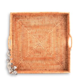 Vagabond House Designer XL Wicker Trays - Durable and Strong 17 Inches Square Rattan Tray Round with Classic Orchid Detail, Large Breakfast Tray with Handles, Rattan Rectangle Tray