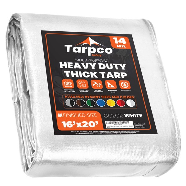Tarpco Safety Extra Heavy Duty 14 Mil Tarp Cover, Waterproof, UV Resistant, Rip and Tear Proof, Poly Tarpaulin with Reinforced Edges for Roof, Camping, Patio, Pool, Boat (White 16′ X 20′)