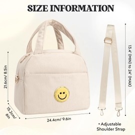 Kids Lunch Bag Lunch Box for Teen Girls Boys Back to School, Cute Preppy Lunchbox With Adjustable Shoulder Strap, Insulated Corduroy Lunch-Boxes Lunch-Bags for Women Work Picnic (Beige/Off White)