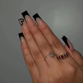 24pcs French False Nails Black Tip Stick on Nails Square Press on Nails Removable Glue-on Nails Full Cover Fake Nails Women Girls Nail Art Accessories