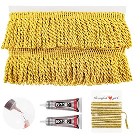 Yhsheen Gold Bullion Fringe Trim, 6 Yards X 2.2 Inch Fringe with B7000 Glue, Tassels Trim for Crafts Sewing by The Yard for Clothing Curtain Sofa