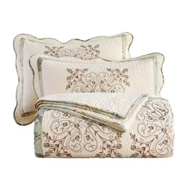 vctops 3 Piece Farmhouse Patchwork Quilt Set Oversized Queen, Elegant Floral Embroidered Cotton Quilted Bedspread Coverlet Lightweight Reversible Bedding Cover with 2 Pillow Sham (98x106 in)