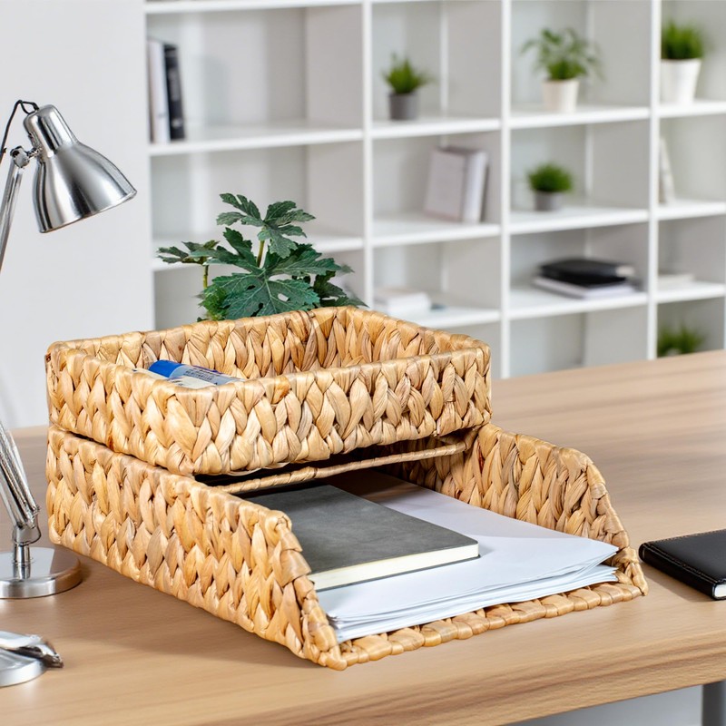 PINXIURY Woven Water Hyacinth Paper Organizer for Desk – Set