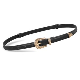 SUOSDEY Women Skinny Leather Belt, Adjustable Thin Waist Belt for Jeans Dresses Pants Western Belt Floral Buckle black