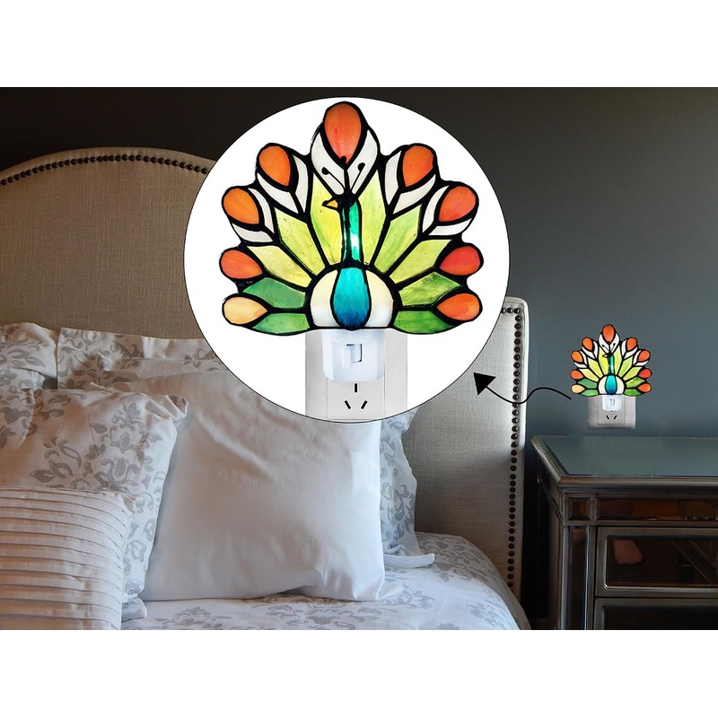 WKINGDIY Tiffany Stained Glass Peacock Night Light WKD1003 (Green、Orange) Tiffany