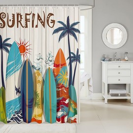 jejeloiu Surfboard Shower Curtain for Bathroom 72"x72" Kids Beach Palm Tree Bath Curtain for Boys Girls Teens Surfing Rustic Wooden Plank Bathroom Accessories Coastal Car Waterproof,12 Hooks Suits