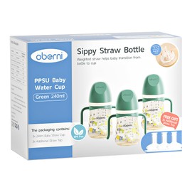Oberni PPSU No Spill Sippy cups,Weighted Straw Toddler Water Bottle with Handle,Spill Proof Toddler Cup with 2 Nipple for Baby 6-12 Months and Toddlers 1-3 (8 Ounce, Green, 3 Pack)