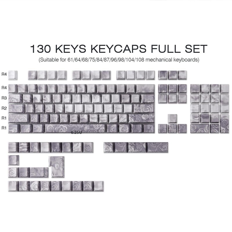 PBT Keycaps 131 Keys Rose Coast Grey Keycaps, Double Shot