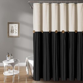 Linen Button Farmhouse Beige Shower Curtain,Linen and Cotton Woven Fabric,Pleated Brown Stripe,Country Style - Color: Cream & Black, Size: 72"L x 72"W