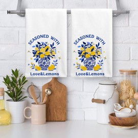 AMM Lemon Kitchen Towels Set of 2 Spring Lemons Dish Hand Towels for Kitchen Decor 16x27 Inch Yellow Blue Floral Leaves Seasonal Summer Farmhouse Decorative Absorbent Soft Microfiber Dish Cloths