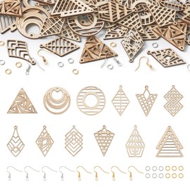 PandaHall 48 Pieces Filigree Dangle Earrings Wood Blank Geometry Triangle Diamond Flat Round Wood Pendants for Boho Earrings Jewelry Making