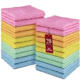 DecorRack 20 Pack 100% Cotton Wash Cloth, Luxurious Soft, 12 x 12 inch Ultra Absorbent, Machine Washable Washcloths, Assorted Colors (20 Pack)