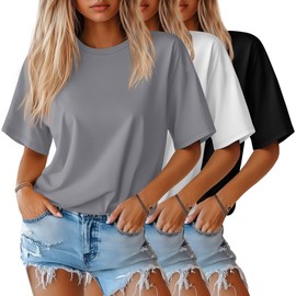 Huukeay 3 Pack Women's Half Sleeve T-Shirts, Crew Neck Elbow Length Tops Loose Casual Basic Tees Summer Cotton Tunic Tops(Black, Light Gray, White,Small)