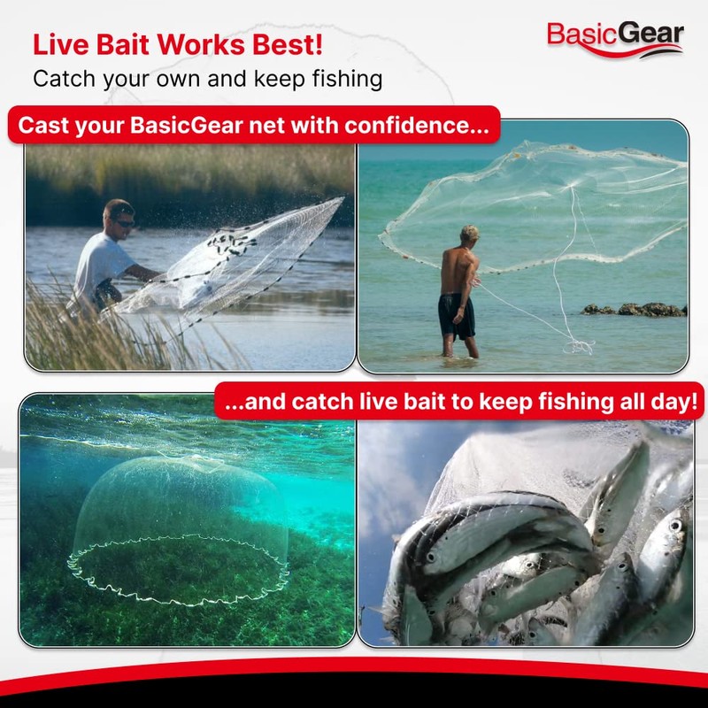 BasicGear Cast Net for Bait Trap Fish, Protected Weights, 10ft
