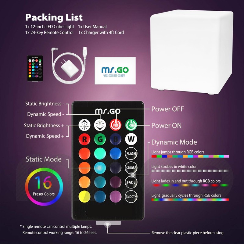 Mr.Go 12-inch Rechargeable Magic LED Light Cube Stool with Remote