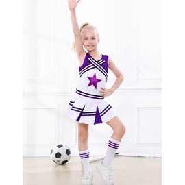 LOLANTA Girls' Carnival Costume, Cheerleader Dress with Pompoms and Socks, Middle School Cheerleading Uniform, Purple, 120