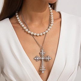 Girlssory Gothic Cross Necklace Layered Pearl Beads Cross Pendant Necklaces Chunky Cross Necklace Punk Vintage Cross Chain Necklace for Women (Silver)