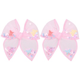 Floral Butterfly Fairy Hair Bow Clips 4" for Girls Women, 2pc Pink Mesh Tulle Shaker Fable Bow Alligator Hairpins, Spring Summer Birthday Wedding Party Dress Accessory Gift