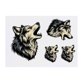 4 x 'Howling Wolf Portrait' Temporary Tattoos - Water Resistant, Skin-Safe, Non-Toxic Transfers, Mixed Sizes (TO00076342)