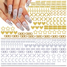 Umillars 222Pcs Chain Nail Charms Set Gold Silver Chain Heart Star Moon Nail Gems Nail Jewels Accessories Nail Decorations for Nail Design Nail Art Supply(Gold Silver Chain)