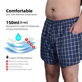 TIICHOO Men's Incontinence Underwear Regular Absorbency Washable Reusable Urinary Incontinence Leak Proof Boxer Shorts with Front Fly 2 Pack(XX-Large, Blue Plaid)